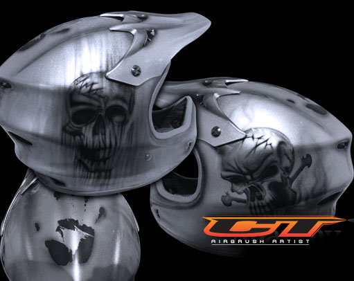 Custom Airbrush mountain bike helmet in silver with black skull details and a blank handprint on the top.