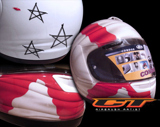 St George flag airbrushed onto new helmet with photo realistic folds, the bespoke stars are drawn by the client and airbrushed by us.