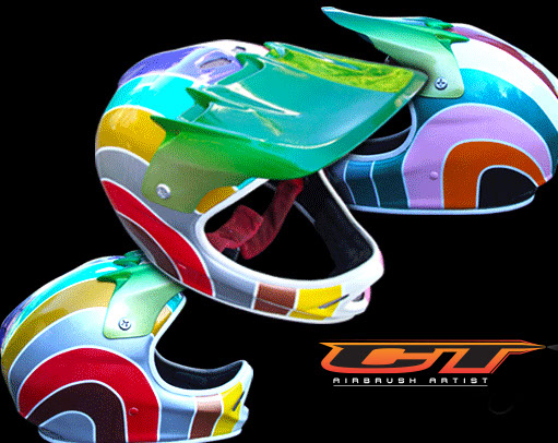 Custom Airbrushed mountain bike helmet in technicolor, lots of stripes lots of colour.