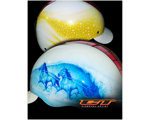 Custom Airbrush Harness racing / trotting helmet with airbrushed horses racing out of water and disney stars to the side.